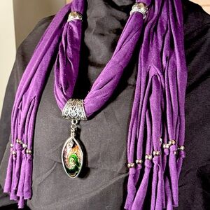 Purple Scarf Necklace with Silver Pendant and Beaded Fringe